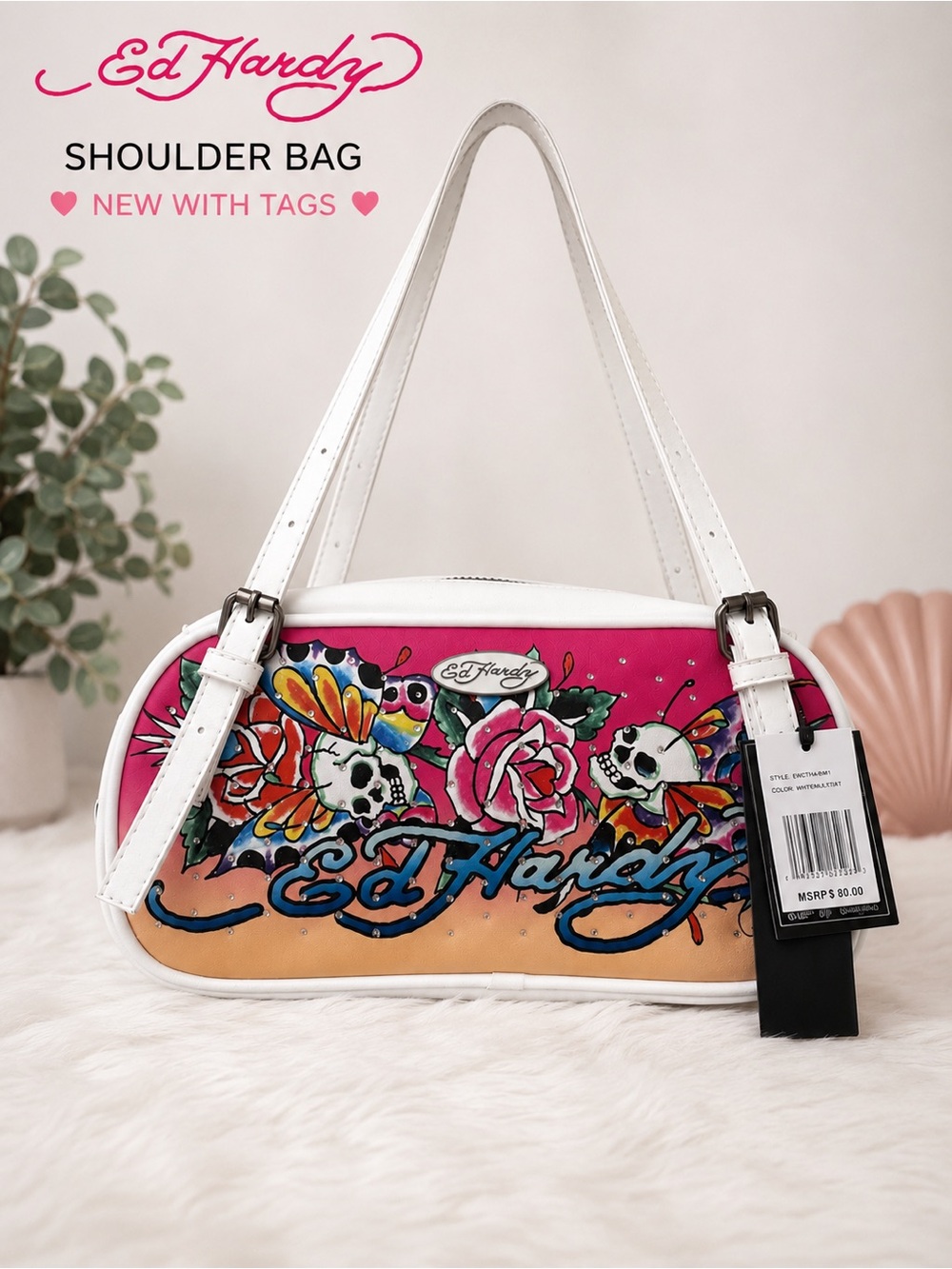 Ed Hardy White Tattoo Print Butterfly Skull Shoulder Bag NWT